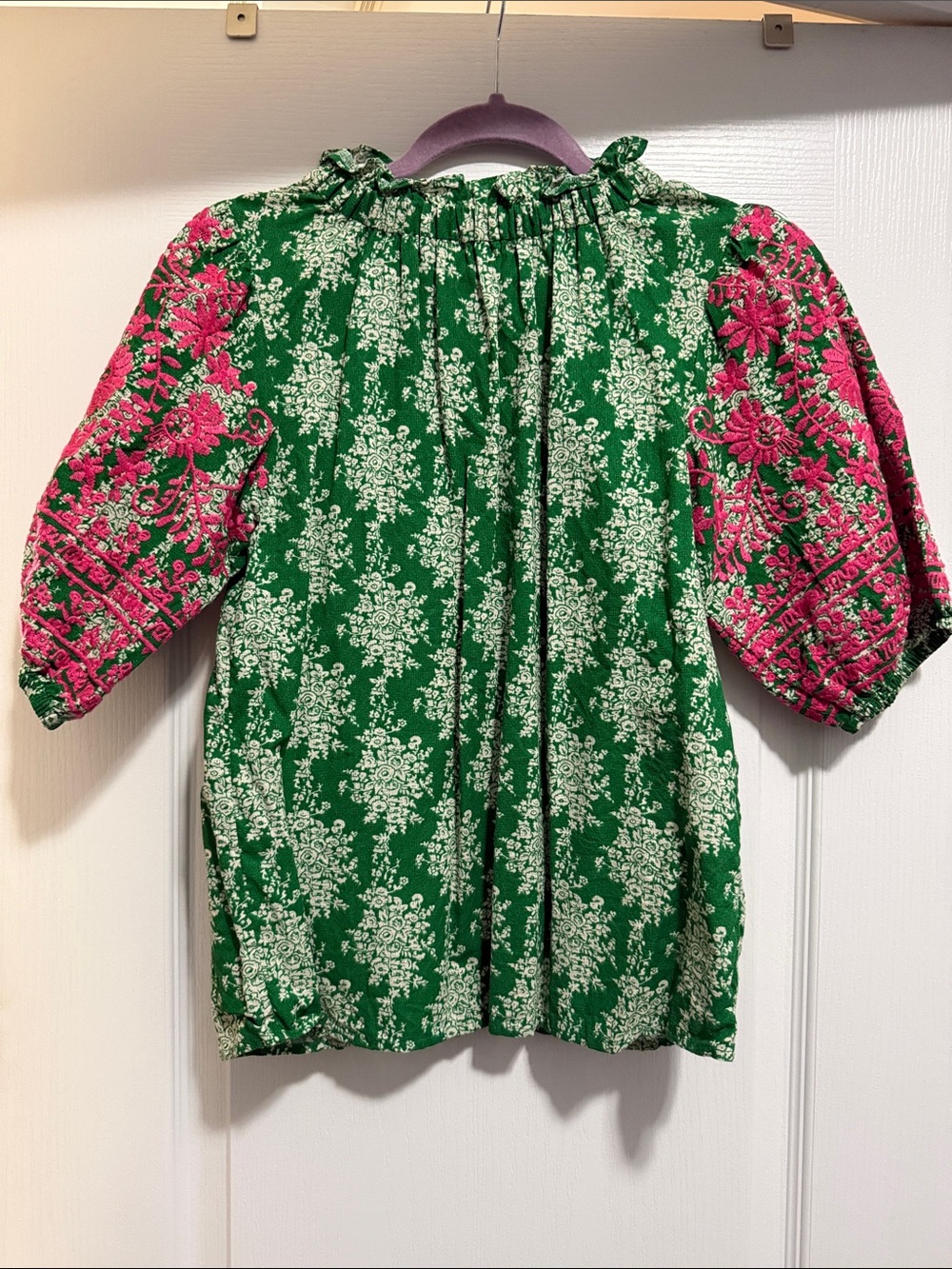 THML Green Floral Blouse with Pink Embroidered Puff Sleeves